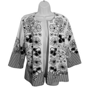 Choices Black and White Floral Embroidered Layering Open Front Jacket Size PXL